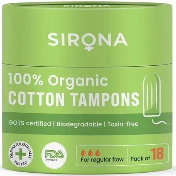 Sirona Regular Flow Organic Tampons Made With 100% Organic Cotton Non Applicator Tampons 18 Nos, 18 pcs