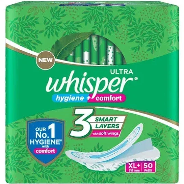 Whisper Ultra Clean Sanitary Pads XL Plus Locks Wetness& Odour, 50 pcs