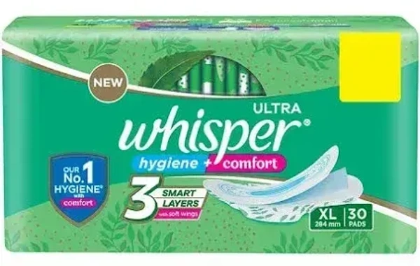 Whisper Ultra Clean Sanitary Pads XL+, 30 pads