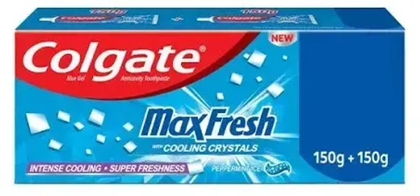 Colgate MaxFresh Toothpaste, Blue Gel Paste with Menthol for Super Fresh Breath, 300g, 150g X 2 (Peppermint Ice, Saver Pack), 300 g