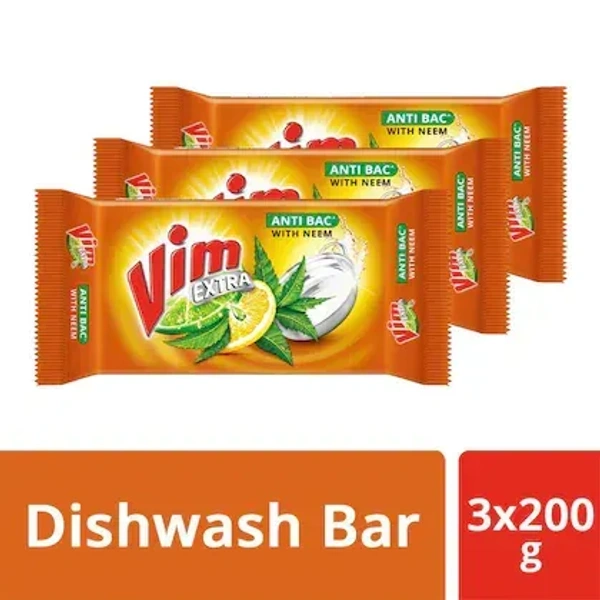 Vim Dishwash Bar Extra Anti Bac with Neem (Pack of 3x200g), 600g
