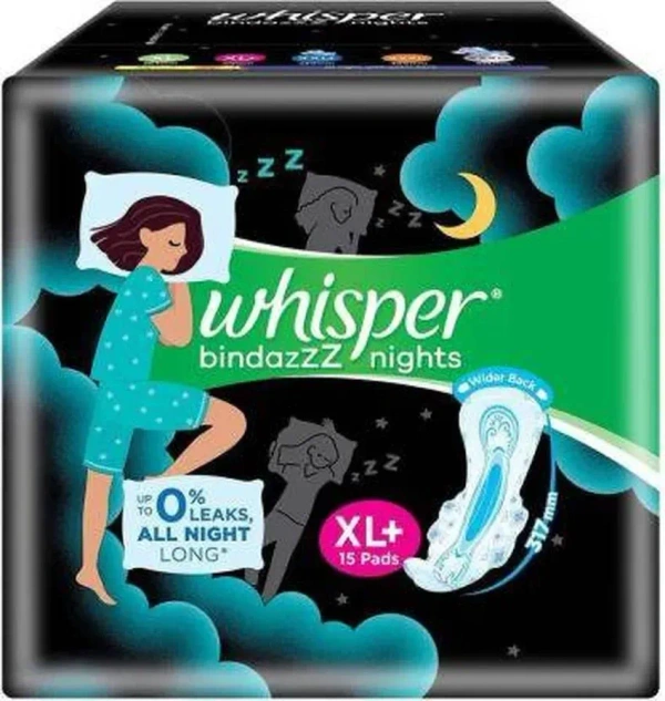 Whisper Bindazzz Nights Sanitary Pads XL+ , 15 pads