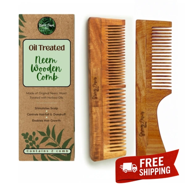 Greenloverstore Best Value Pack – 2 Neem Wooden Combs  (Most Ordered)