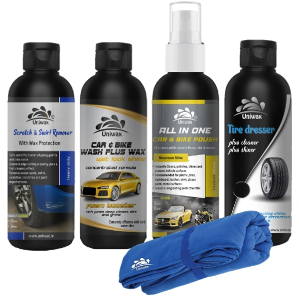 combo car care products, uniwax all- in- one polish , tyre polish,  car wash plus wax shampoo, scratch remover micro fiber cloth