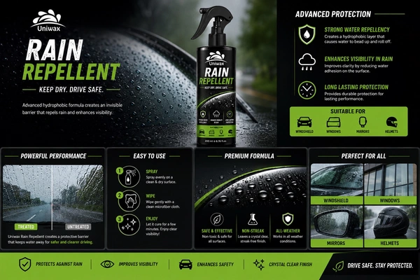 Uniwax Rain Repellent Spray 200 ml | Hydrophobic Windshield Coating | Improves Visibility in Rain | Water Beading Formula | For Car Glass, Windows, Mirrors & Helmet Visors