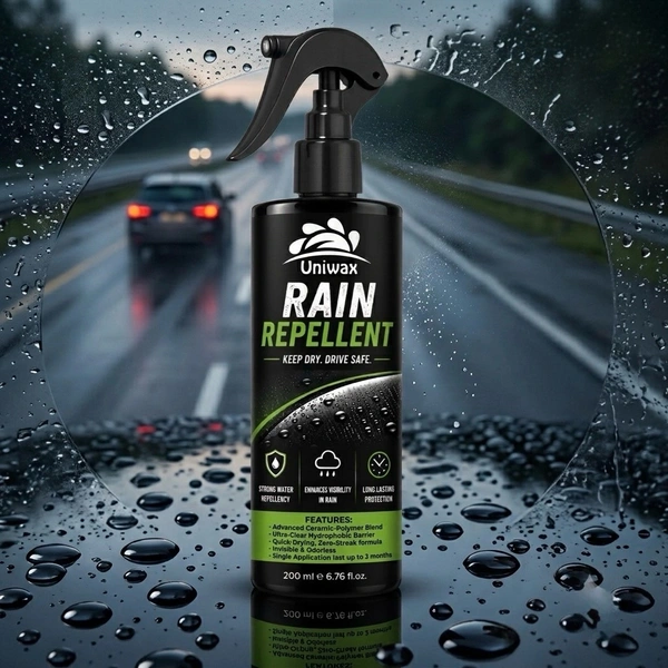 Uniwax Rain Repellent Spray 200 ml | Hydrophobic Windshield Coating | Improves Visibility in Rain | Water Beading Formula | For Car Glass, Windows, Mirrors & Helmet Visors