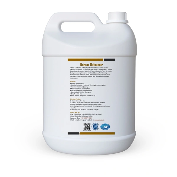 Uniwax Defoamer for Laundry & Industrial Cleaning | Instant Foam Control | Anti Foam Liquid for Detergent Systems | Fast Acting Foam Remover - 5kg, white