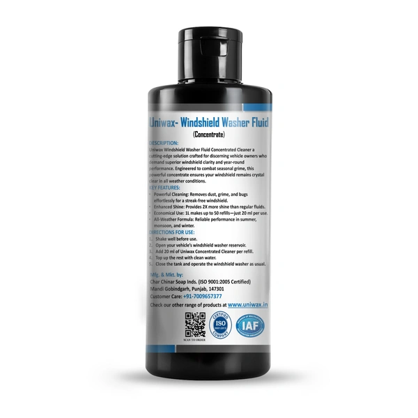 Uniwax All-Season Windshield Washer Fluid Concentrated Cleaner for Cars, Removes Dirt & Bugs - 200 ml