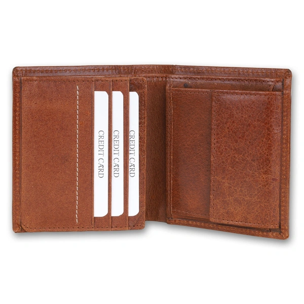 Leather Wallets for Men, Top Grain Leather 8 Card Slots, 3 Compartments, Tri Fold Wallet, Brown, Contemporary