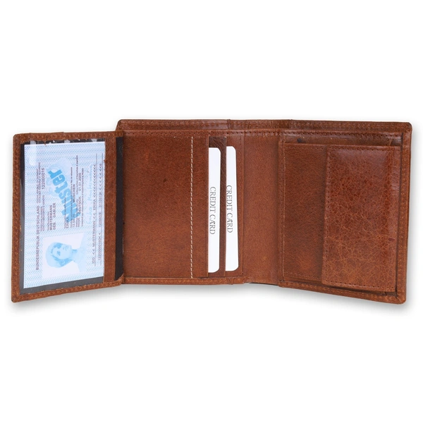 Leather Wallets for Men, Top Grain Leather 8 Card Slots, 3 Compartments, Tri Fold Wallet, Brown, Contemporary