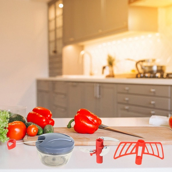 FAIRBIZPS RED Plastic Vegetable Chopper Manual Vegetables and Dry Fruits Hand Cutter with 3 Stainless Steel Sharp Blade - Red