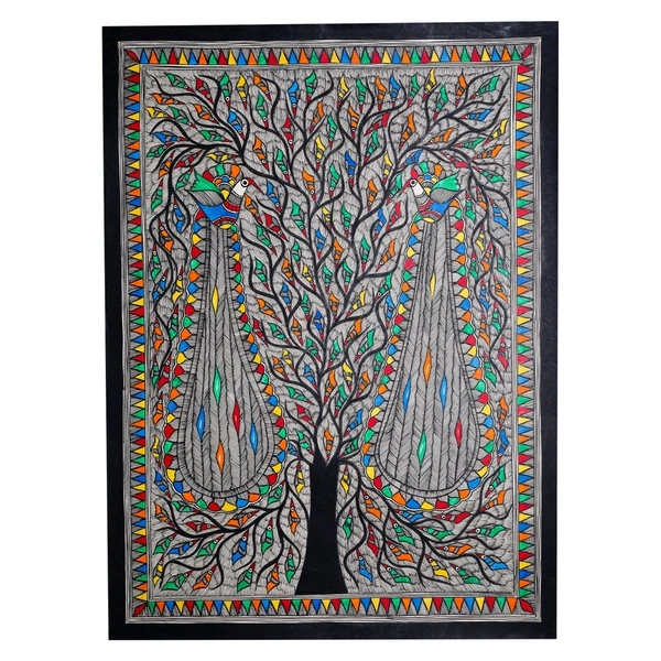  Madhubani Handmade Wall Hanging Painting Of Auspicious Peacock on Tree for Home Decor (32.2 x 24.2 inches) Traditional Art for Bedroom Wall & Living Room - 32.2 x 24.2 inches