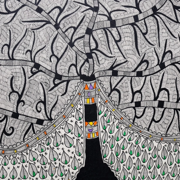  Madhubani Tree Wall Art - Exquisite Hand-painted Indian Art for Home Decoration - Ideal for Living Room, Bedroom, or Office - Unframed (32.2 x 24.2 inches) - 32.2 x 24.2 inches