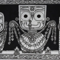 Lord Jagannath  and  Balabhadra  & Subhadra Pattachitra Painting - Length -7.87 x Height -3.94, black & white