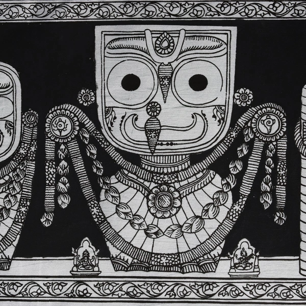Lord Jagannath  and  Balabhadra  & Subhadra Pattachitra Painting - Length -7.87 x Height -3.94, black & white