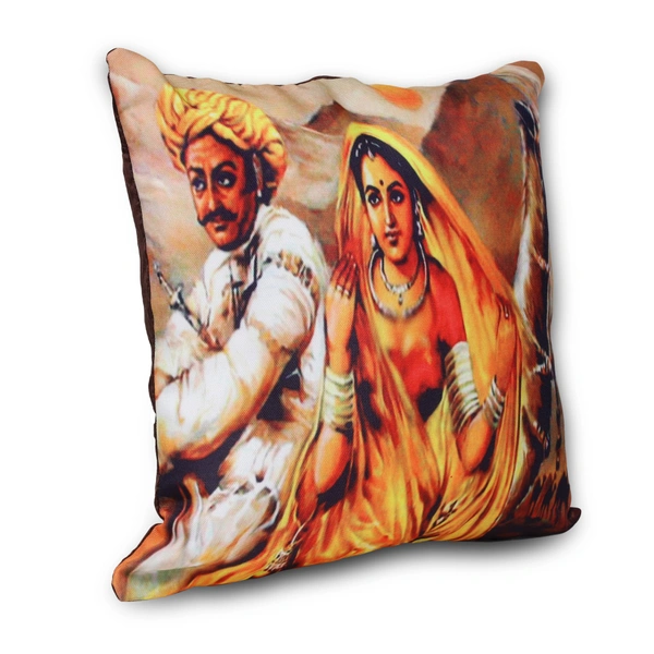 Palak Saxena PALAK SAXENA Set of 5 Decorative Cushion Covers, 40 x 40 cm, Square Cotton Linen Rajasthani Couple Decorative Cushion Covers with Hidden Zip, Single-Sided Print, Decorative Cushion Covers for Sofa