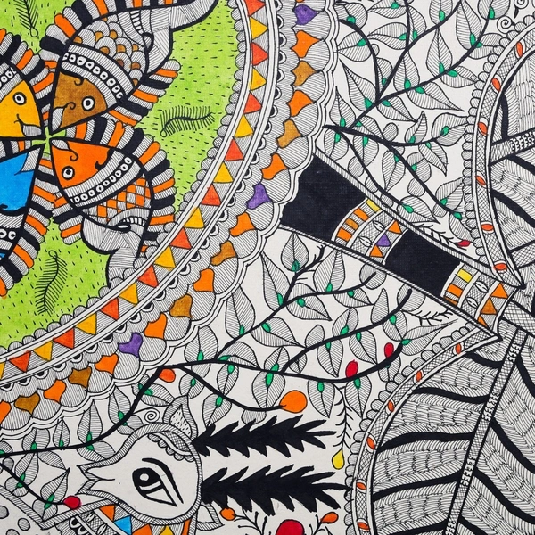  Madhubani Painting - Harmony of Nature: Stag, Fish, and Tree - Handmade Indian Art for Home Décor - Perfect for Living Room, Bedroom, or Office - Unframed (Size: 32.2 x 24.2 inch) - 32.2 x 24.2 inch