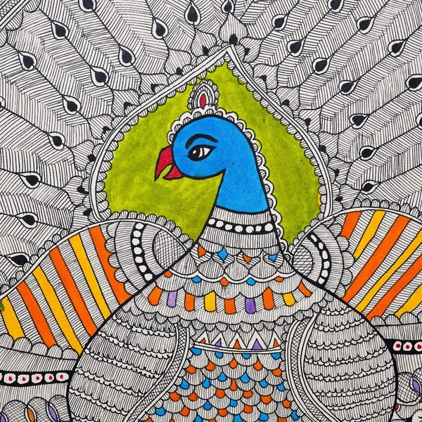  Graceful Peacock Dance: Authentic Madhubani Painting | Unframed - 32.2 x 24.2 inches