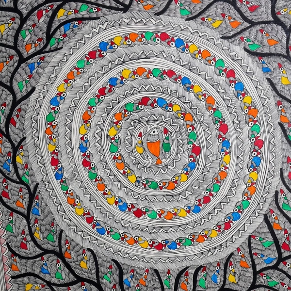 Fairo.Store Madhubani Art: Dancing Fishes and Blossoming Trees - Unframed, 32.2 x 24.2 inches - 32.2 x 24.2 inches