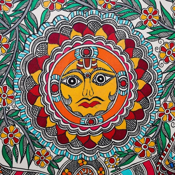 Fairo.Store Handmade Madhubani Painting: Sun and Tree - Vibrant Mithila Art for Living Room/Bedroom/Home Decor - Unframed, 32.2 x 24.2 inches - 32.2 x 24.2 inches