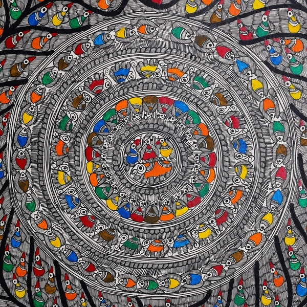   Madhubani Fishes and Trees Hand-painted Art Painting - Traditional Indian Art for Home Décor - Unframed (32.2 x 24.2 inches) - 32.2 x 24.2 inches