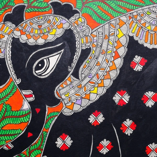 Fairo.Store Elephants In Colourful Traditional Wear - Madhubani Painting - Unframed (32.2 x 24.2 inches) - 32.2 x 24.2 inches