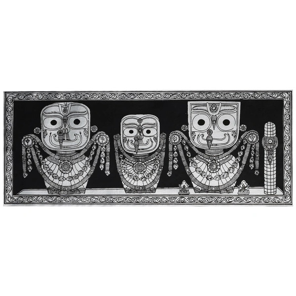 Lord Jagannath  and  Balabhadra  & Subhadra Pattachitra Painting - Length -7.87 x Height -3.94, black & white