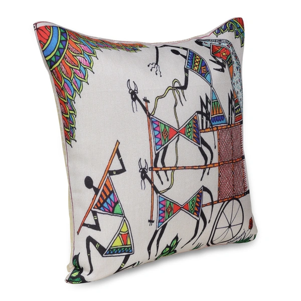 Palak Saxena PALAK SAXENA Set of 5 Decorative Cushion Covers, 40 x 40 cm, Square Cotton Linen Madhubani Print Decorative Cushion Covers with Hidden Zip, Single-Sided Print