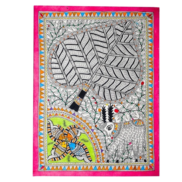  Madhubani Painting - Harmony of Nature: Stag, Fish, and Tree - Handmade Indian Art for Home Décor - Perfect for Living Room, Bedroom, or Office - Unframed (Size: 32.2 x 24.2 inch) - 32.2 x 24.2 inch