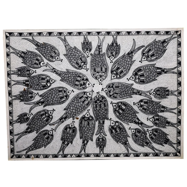  Fish Raas Madhubani Painting Unframed 32.2 x 24.2 inches - 32.2 x 24.2 inches