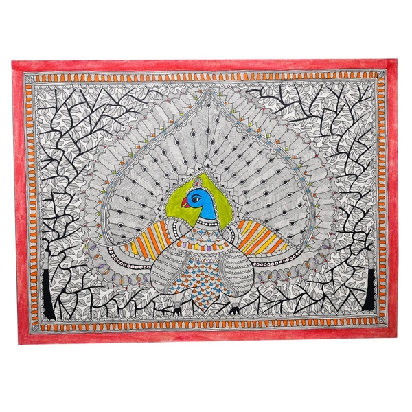 Graceful Peacock Dance: Authentic Madhubani Painting | Unframed - 32.2 x 24.2 inches