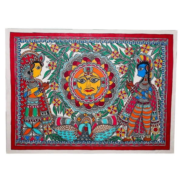 Fairo.Store Handmade Madhubani Painting: Sun and Tree - Vibrant Mithila Art for Living Room/Bedroom/Home Decor - Unframed, 32.2 x 24.2 inches - 32.2 x 24.2 inches