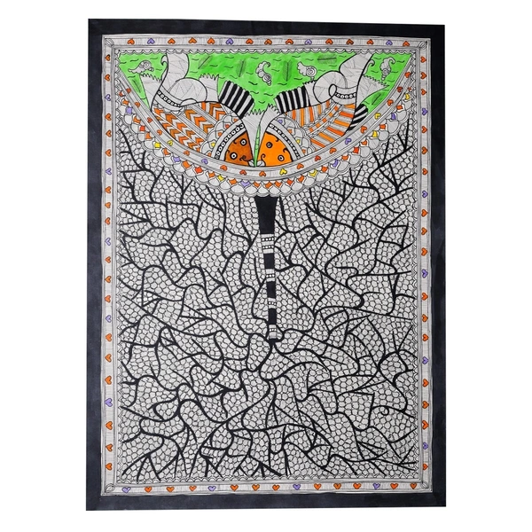  Madhubani Art Fish And Trees Painting - Vibrant Hand-painted Indian Artwork - Unframed (32.2 x 24.2 inches) - 32.2 x 24.2
