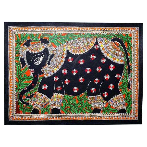 Fairo.Store Elephants In Colourful Traditional Wear - Madhubani Painting - Unframed (32.2 x 24.2 inches) - 32.2 x 24.2 inches