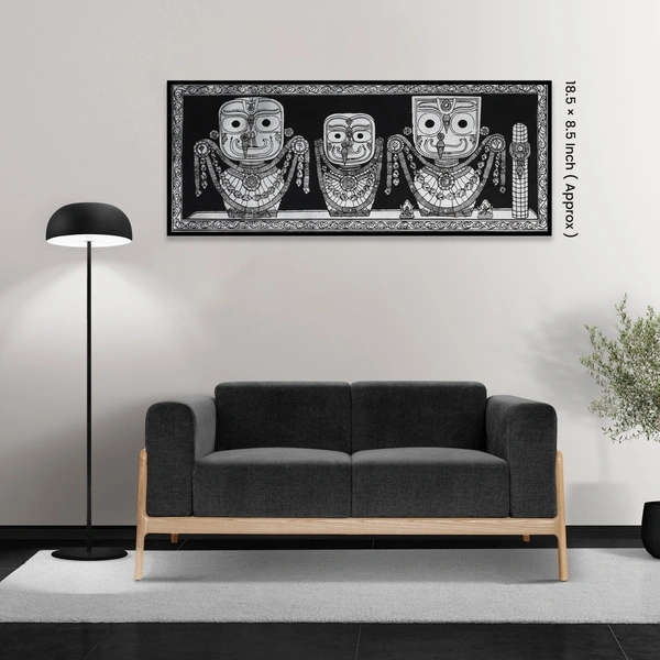Lord Jagannath  and  Balabhadra  & Subhadra Pattachitra Painting - Length -7.87 x Height -3.94, black & white