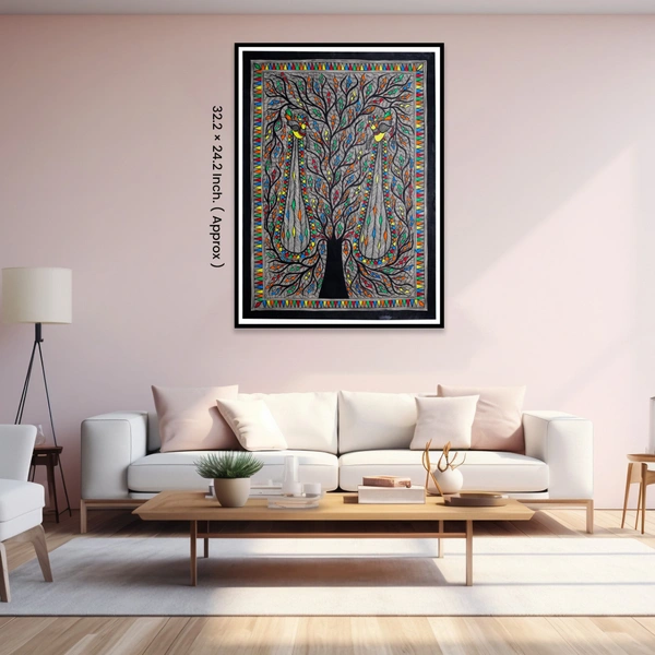 Fairo.Store Madhubani Handmade Wall Hanging Painting Of Auspicious Peacock on Tree for Home Decor (32.2 x 24.2 inches) Traditional Art for Bedroom Wall & Living Room - 32.2 x 24.2 inches