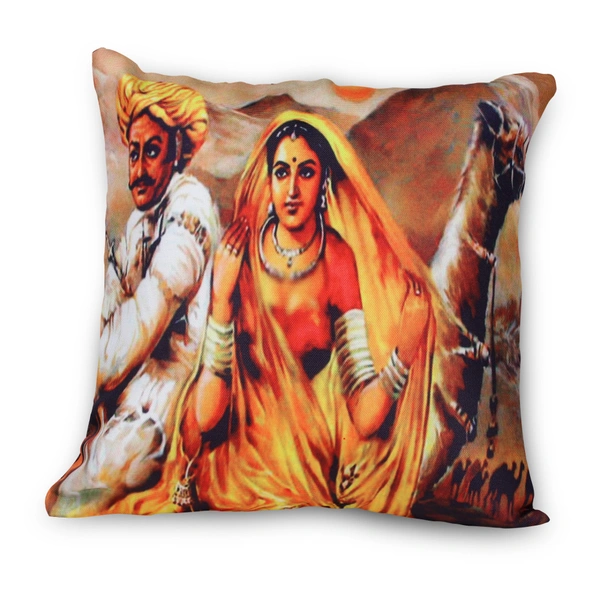 Palak Saxena PALAK SAXENA Set of 5 Decorative Cushion Covers, 40 x 40 cm, Square Cotton Linen Rajasthani Couple Decorative Cushion Covers with Hidden Zip, Single-Sided Print, Decorative Cushion Covers for Sofa