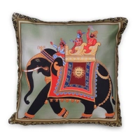 Palak Saxena Set of 5 Decorative Cushion Covers, 40 x 40 cm, Square Cotton Linen Elephant Decorative Cushion Covers with Hidden Zip, Single-Sided Print, Decorative Cushion
