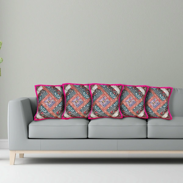 PALAK SAXENA Gujrati Style Decorative Boho Patch Cushion Covers Single-Sided - 40 x 40 CM, Hollywood Cerise