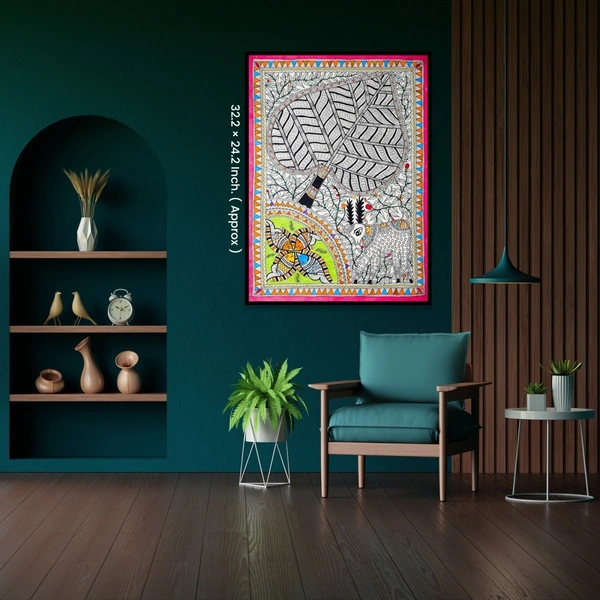  Madhubani Painting - Harmony of Nature: Stag, Fish, and Tree - Handmade Indian Art for Home Décor - Perfect for Living Room, Bedroom, or Office - Unframed (Size: 32.2 x 24.2 inch) - 32.2 x 24.2 inch