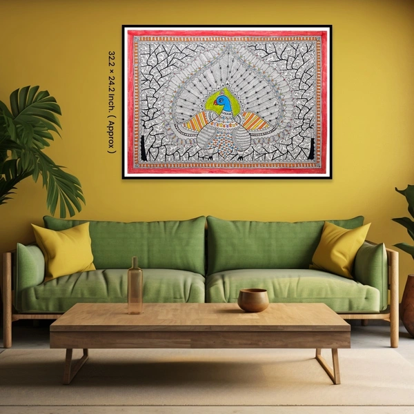  Graceful Peacock Dance: Authentic Madhubani Painting | Unframed - 32.2 x 24.2 inches