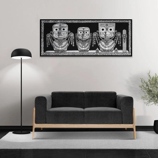 Lord Jagannath  and  Balabhadra  & Subhadra Pattachitra Painting - Length -7.87 x Height -3.94, black & white
