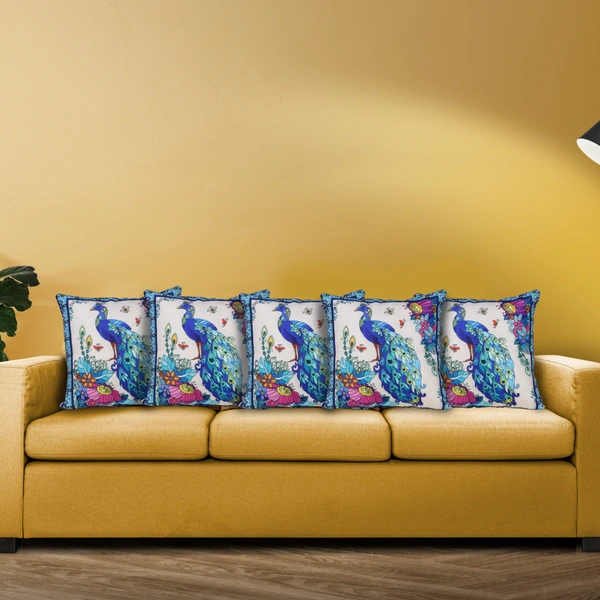 Palak Saxena Set of 5 Decorative Cushion Covers, 40 x 40 cm, Square Cotton Linen Peacock Decorative Cushion Covers with Hidden Zip, Single-Sided Print, Decorative Cushion Covers for Sofa, Car, Outdoor, Bedroom
