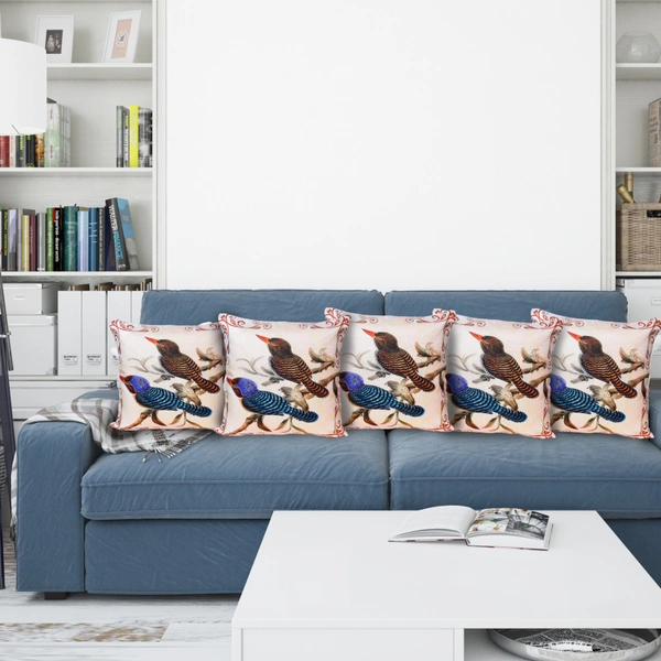Palak Saxena Set of 5 Decorative Cushion Covers, 40 x 40 cm, Square Cotton Linen Bird Decorative Cushion Covers with Hidden Zip, Single-Sided Print, Decorative Cushion Covers for Sofa, Car, Outdoor, Bedroom
