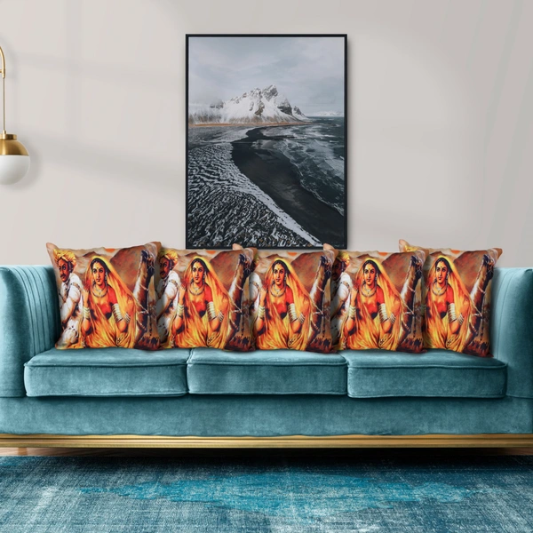 Palak Saxena PALAK SAXENA Set of 5 Decorative Cushion Covers, 40 x 40 cm, Square Cotton Linen Rajasthani Couple Decorative Cushion Covers with Hidden Zip, Single-Sided Print, Decorative Cushion Covers for Sofa