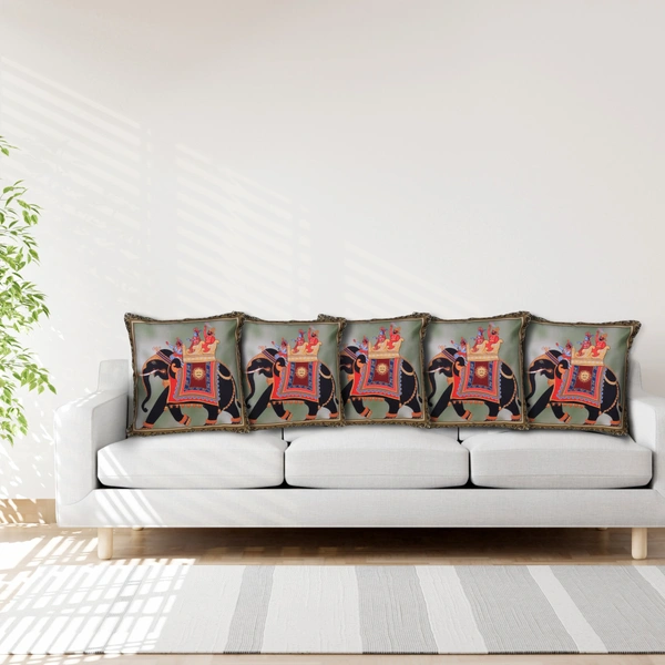 Palak Saxena Set of 5 Decorative Cushion Covers, 40 x 40 cm, Square Cotton Linen Elephant Decorative Cushion Covers with Hidden Zip, Single-Sided Print, Decorative Cushion