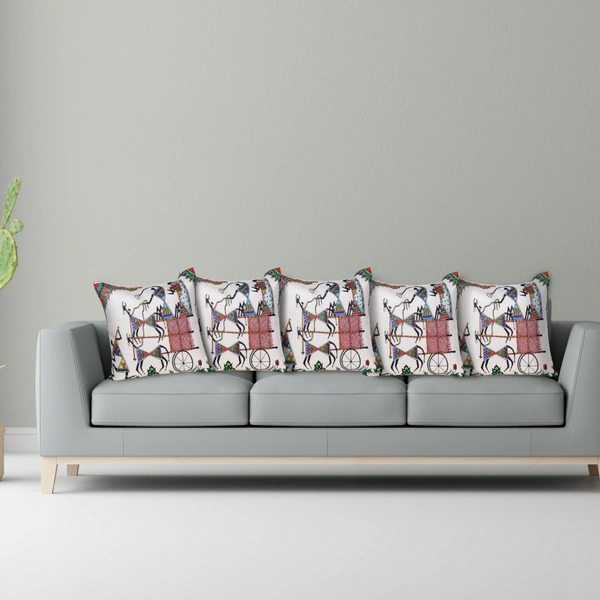 Palak Saxena PALAK SAXENA Set of 5 Decorative Cushion Covers, 40 x 40 cm, Square Cotton Linen Madhubani Print Decorative Cushion Covers with Hidden Zip, Single-Sided Print