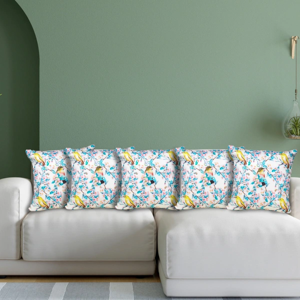 PALAK SAXENA Set of 5 Decorative Cushion Covers, 40 x 40 cm, Square Cotton Linen Nature PrintDecorative Cushion Covers with Hidden Zip, Single-Sided Print - 40 x 40 cm