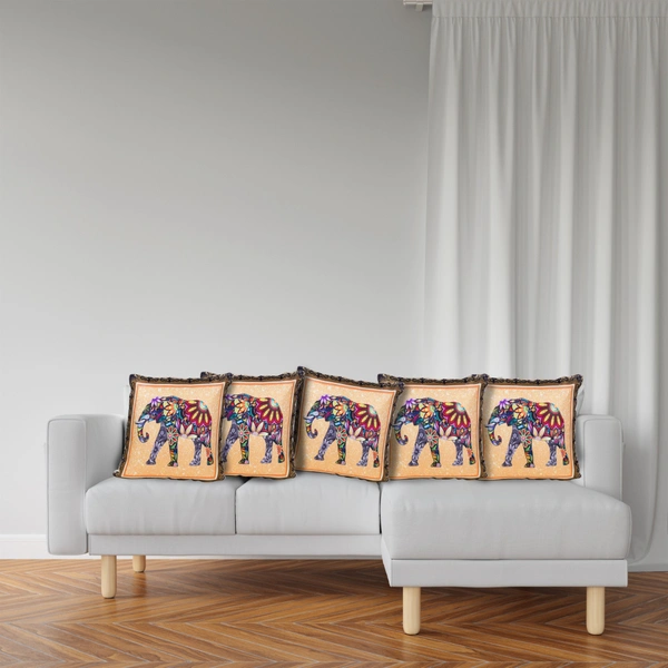 PALAK SAXENA Set of 5 Decorative Cushion Covers, 40 x 40 cm, Square Cotton Linen Elephant Decorative Cushion Covers with Hidden Zip, Single-Sided Print, Decorative Cushion Covers for Sofa, Car, Outdoor, Bedroom - 40 x 40 CM