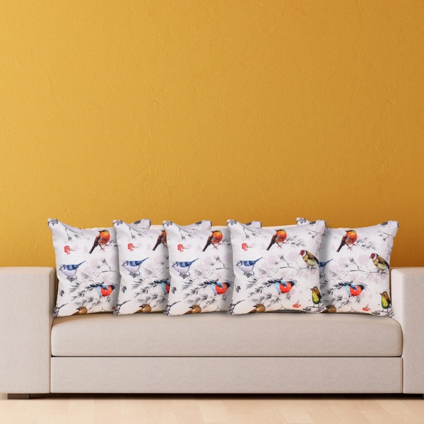 PALAK SAXENA Set of 5 Decorative Cushion Covers, 40 x 40 cm, Square Cotton Linen Nature PrintDecorative Cushion Covers with Hidden Zip, Single-Sided Print - 40 x 40 cm, White